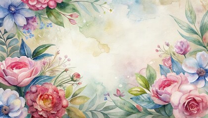 Watercolor floral frame with pastel flowers and green leaves, creating a soft, elegant border on a light background.