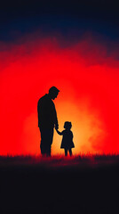 Fototapeta premium Silhouette of a father and daughter holding hands against a vibrant red sunset, conveying a sense of love, protection, and shared moment