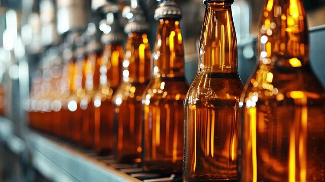 Filling amber beer bottles on a brewery conveyor belt reveals efficient production process, Filling beer bottles on brewery conveyor, clear closeup, production machinery backdrop