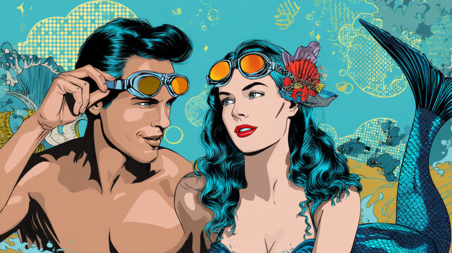 Couple in love. Mermaid and handsome male swimmer. Pop art retro vector illustration comic cartoon kitsch drawing