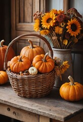Close-up of pumpkins and autumn flowers arranged in a rustic basket on a wooden table, evoking a warm and cozy fall atmosphere Generative AI