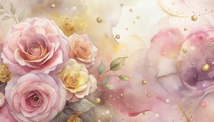 Fototapeta premium Soft watercolor roses and gold accents blend into delicate pastel shades, creating a dreamy, romantic floral scene.