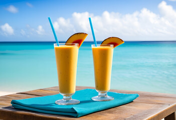 Obraz premium mango smoothie with mango slices at beach side