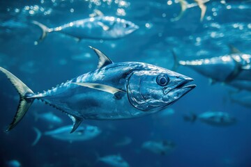 Tuna fish swimming through deep blue ocean waters