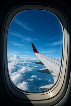 Airplane wing and clouds are seen from an airplane window during a sunny day with blue sky.