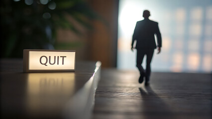 Quiet Quitting Job Burnout Employee A silhouette of a man walks away from a "QUIT" sign, symbolizing departure or resignation.