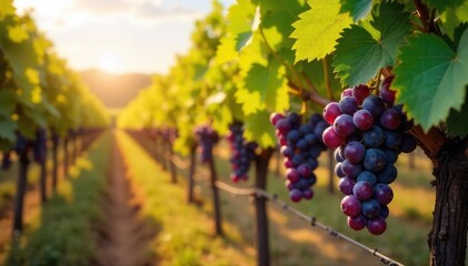 Sunlight streams through vineyard rows as ripe grapes hang heavy on the vines, ready for harvest A picturesque autumn scene of abundance and nature's bounty , vineyard scenery, organic