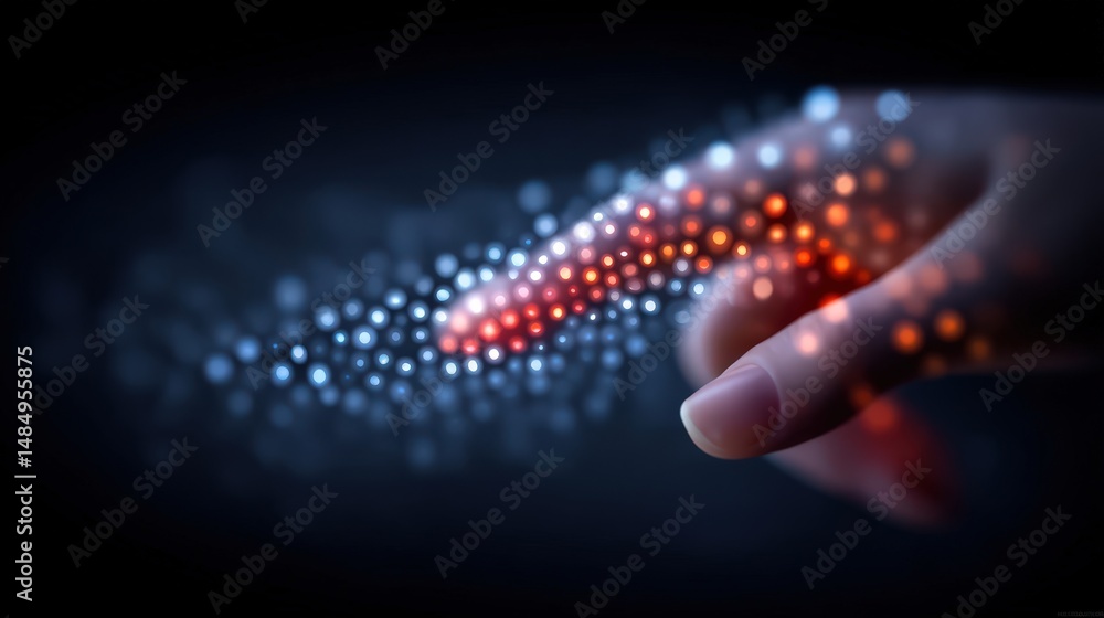 Poster a hand gently reaching out to explore a mesmerizing display of colorful glowing dots representing di
