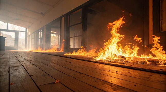 Flames spread across a wooden floor inside a building, creating a dangerous indoor fire situation.