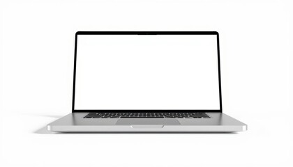 A modern, silver laptop sits centered on a white background, screen open, clean and minimalist look.