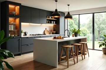 Stylish kitchen island with ample counter space, perfect for food prep and casual dining , wood, elegant, granite