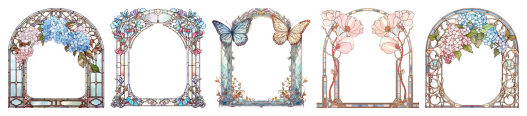PNG Arch art nouveau Pink flowers hologram architecture plant transparent background.