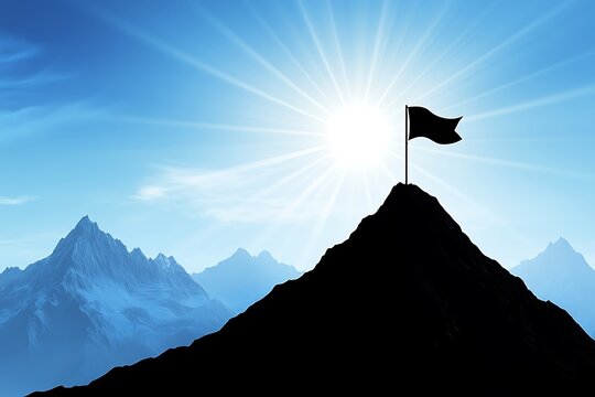 **Silhouette Of Mountain With Goal Flag At The Top And Vision Beams Shining Forward --Ar 3:2 --S 50 --V 6.1 --Raw** - @Darya (Relaxed)