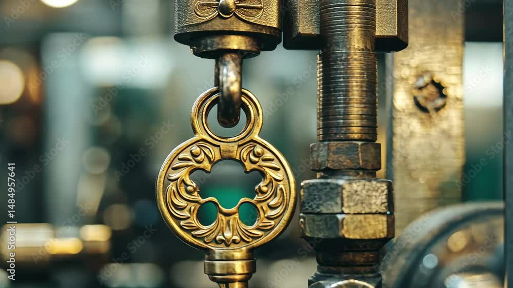 Poster closeup of an ornate key hanging in a factory setting with machinery and metal components in the bac