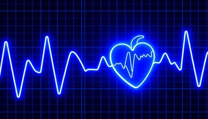 Blue neon glowing heart EKG pulse, emergency medical concept, health, clinic