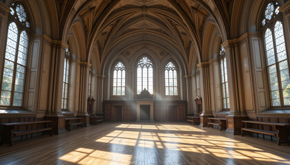 Obraz premium Sunlit Interior of a Grand Hall with Gothic Windows and Wooden Floor