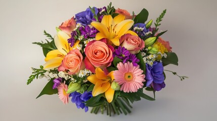 A bouquet of colorful flowers with roses, daisies, and lilies.