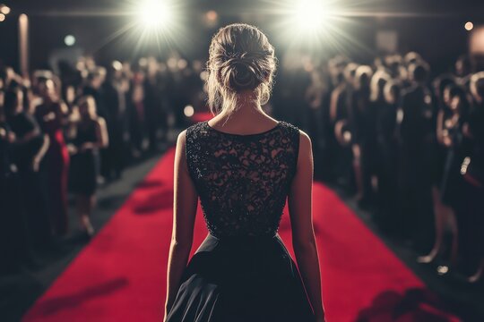 Elegant woman standing on red carpet at celebrity event