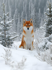 Obraz premium A red Shiba Inu sits serenely in a snowy woodland, framed by snow-dusted evergreen trees, its fur contrasting beautifully against the white landscape