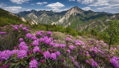 Pink Rhododendrons Bloom in Mountain Valley