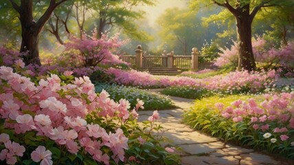 Fototapeta premium A serene garden landscape with blossoming pink flowers leading to a distant stone bridge area.