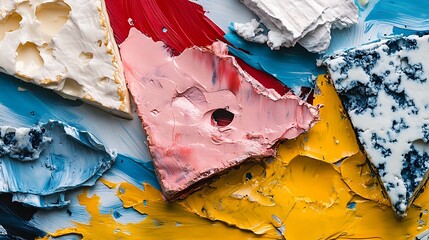 Thick colorful paint strokes form abstract art with cheeselike textures visible throughout image