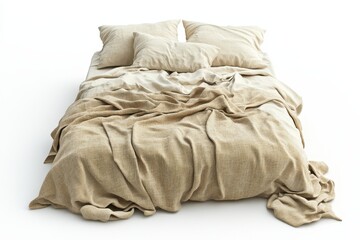 Obraz premium Unmade bed with beige linens and throw