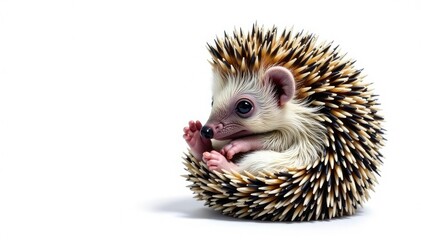 Obraz premium Tiny hedgehog curled in a ball, isolated on pure white background, wildlife, adorable, brown
