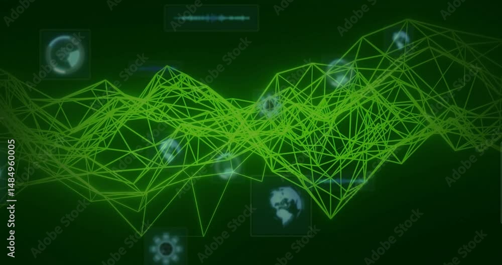 Poster neon green wireframe mesh undulating over dark backdrop, displaying globe icon and ui panels