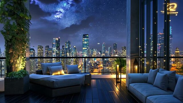 Rooftop lounge offers stunning city views under a starry night sky, Elegant rooftop lounge with city view and night sky Urban luxury concept
