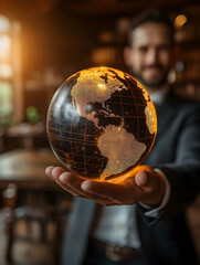 A man holds a glowing glass globe, symbolizing global connection and opportunity
