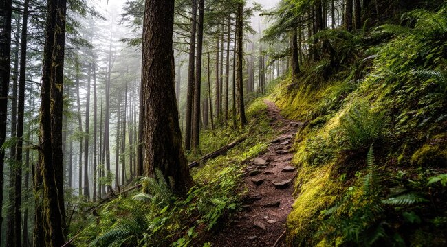 Misty forest trail winding through lush greenery (6)