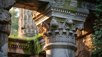 Obraz premium Detailed view of an ancient column capital and shaft with volutes and a decorative top symbolizing h