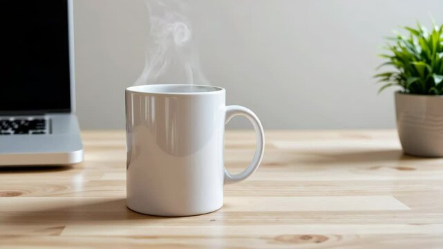 A steaming white coffee mug sits on a wooden desk next to a laptop and a small potted plant.