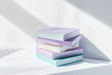 Pastel-colored books stacked in sunlight