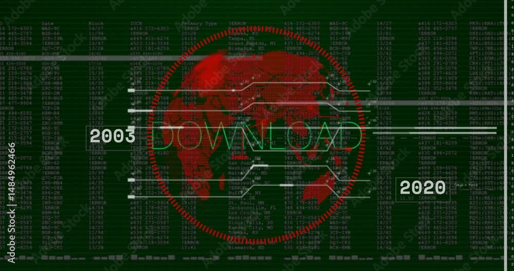 Poster Red wireframe globe rotating inside segmented gauge with green ECG waveform cutting code columns
