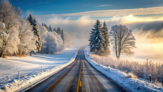 A winding road stretches through a snowy winter landscape with frosted trees and a misty, serene sky.