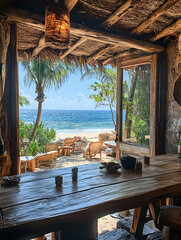 Fototapeta premium Rustic beachfront hut interior view, showing a wooden table, open doorway, and stunning ocean vista with palm trees, white sand beach, and blue sky