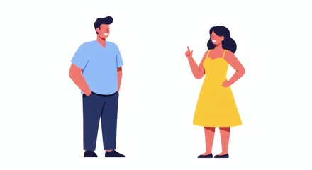 Flat cartoon of man and woman talking and standing together with expressive hand gestures