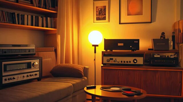 Cozy living room featuring a record player and warm lighting for a relaxing evening, Cozy living room with record player and warm lighting at night Relaxing and nostalgic home concept
