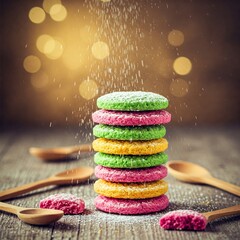 Stacked colorful cookies dusted with powdered sugar, styled with wooden spoons on the side and a soft blurry background