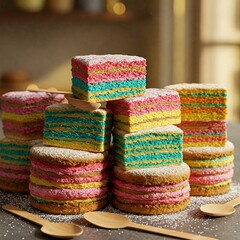 A vibrant rainbow cake arranged unevenly with powdered sugar sprinkled on top, set on a rustic wooden table with a soft blurry background. A playful and colorful dessert scene.