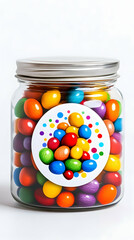 A clear glass jar with a silver lid filled with colorful, oval-shaped candies. A circular label with smaller candies adorns the jar