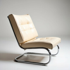 Cream-colored leather lounge chair with a chrome cantilever base, mid-century modern style on white.