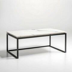 Rectangular white marble coffee table with thin black metal frame, minimal and elegant, isolated on white.