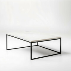 Rectangular white marble coffee table with thin black metal frame, minimal and elegant, isolated on white.