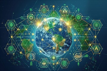 Obraz premium A connected digital globe with technology icons, symbolizing global networks, innovation, and data exchange across continents.