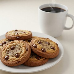 cookies and cup of coffee, Chocolate cookies served on a plate with a steaming cup of black coffee in the background. A warm, inviting scene