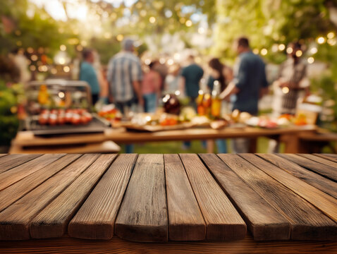 Wooden table top blurred outdoor gathering food drinks sunny day social event