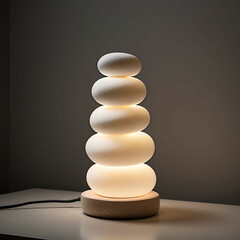 A minimalist lamp made from stacked smooth white pebbles, emitting a warm top light.